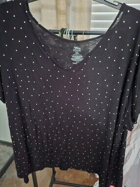Secret Treasures Black Short Sleeve Top with White Polka Dots